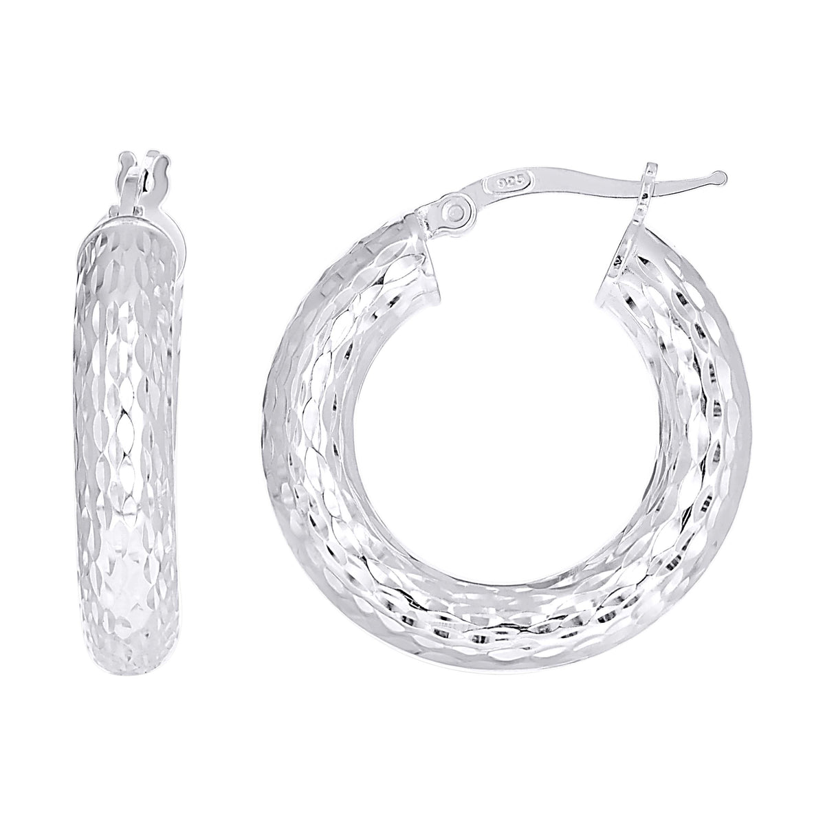 925 Sterling Silver Womens Diamond-Cut Round Tube Hoop Earrings