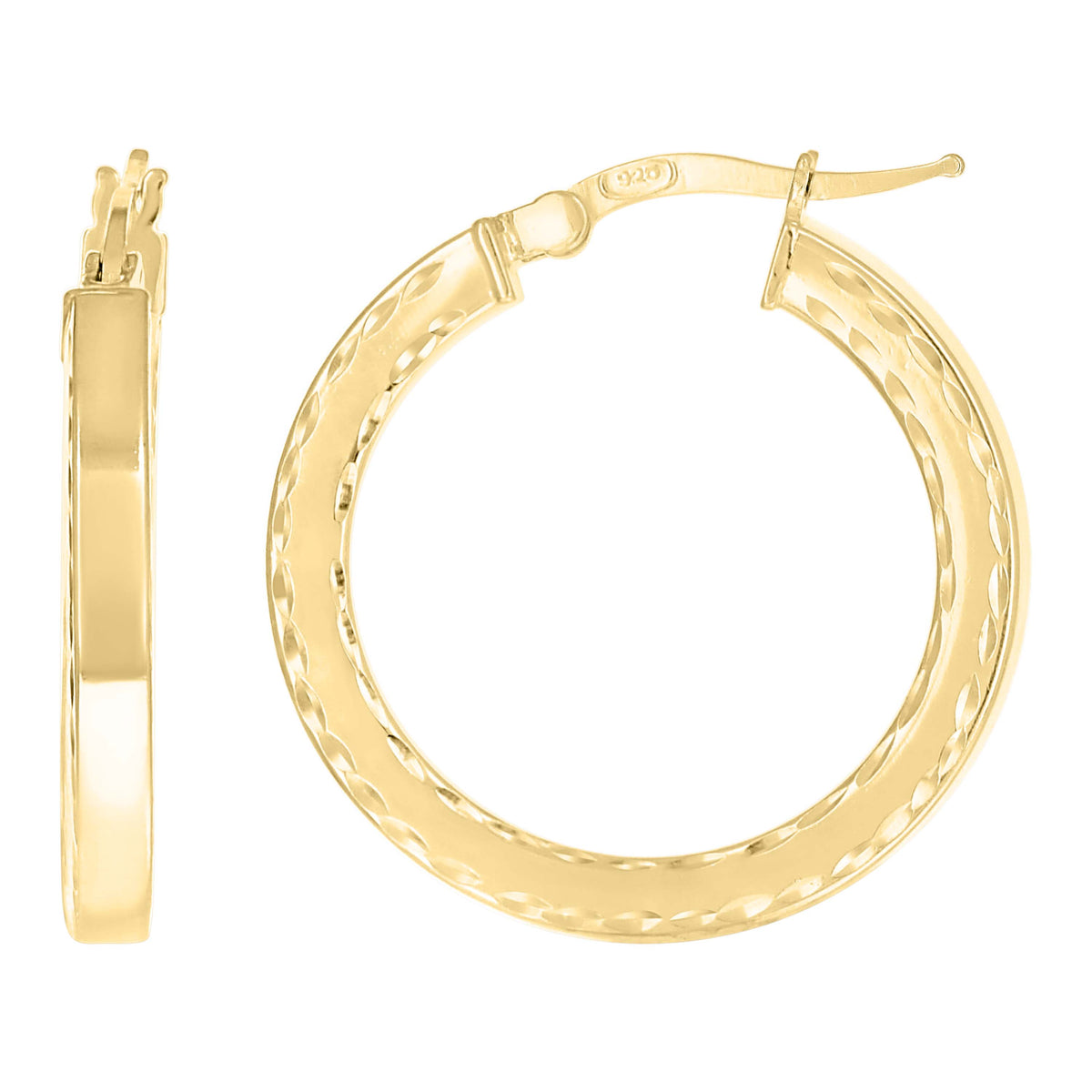925 Sterling Silver Yellow-tone Womens Diamond-Cut Square Tube Hoop Earrings