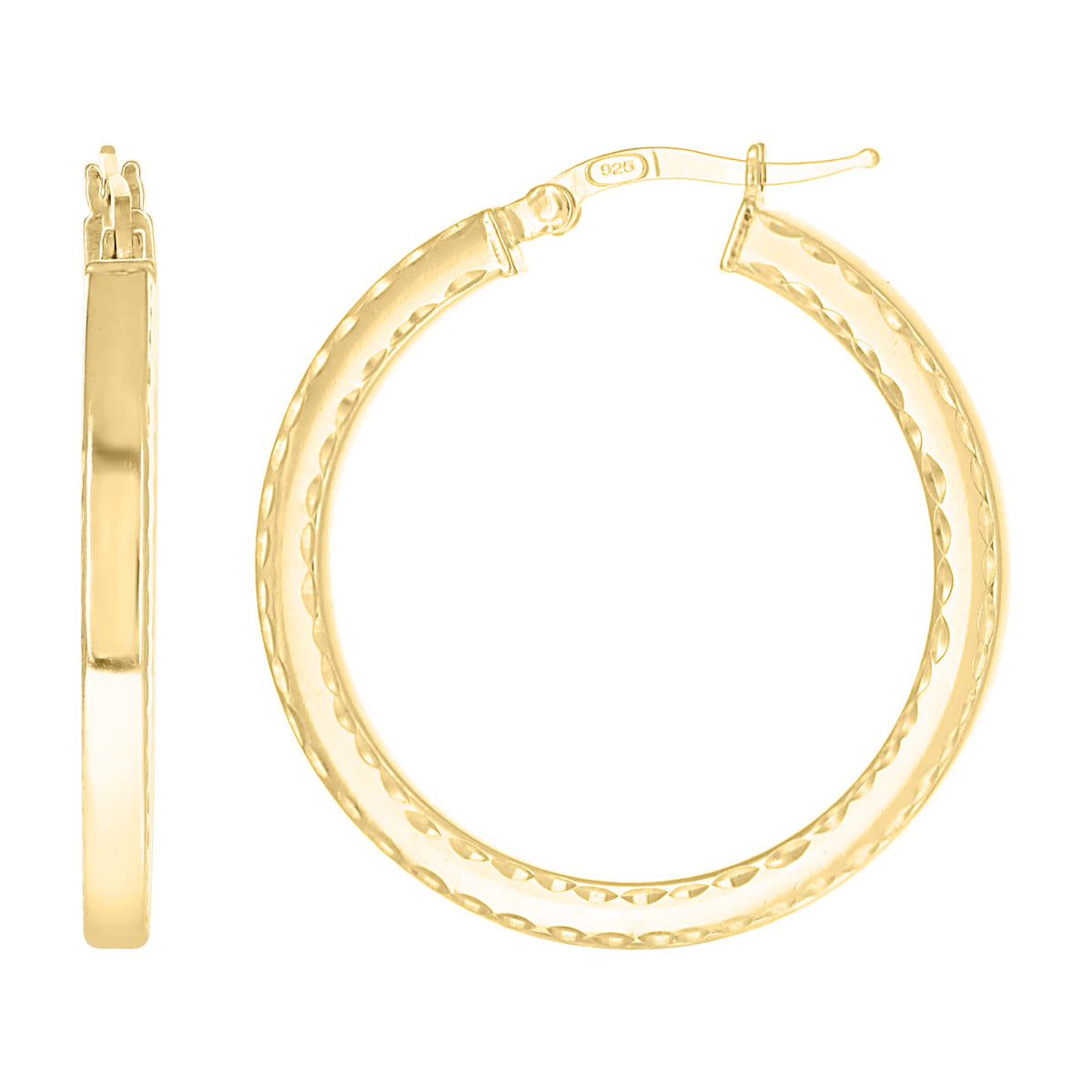 925 Sterling Silver Yellow-tone Womens Diamond-Cut Square Tube Hoop Earrings