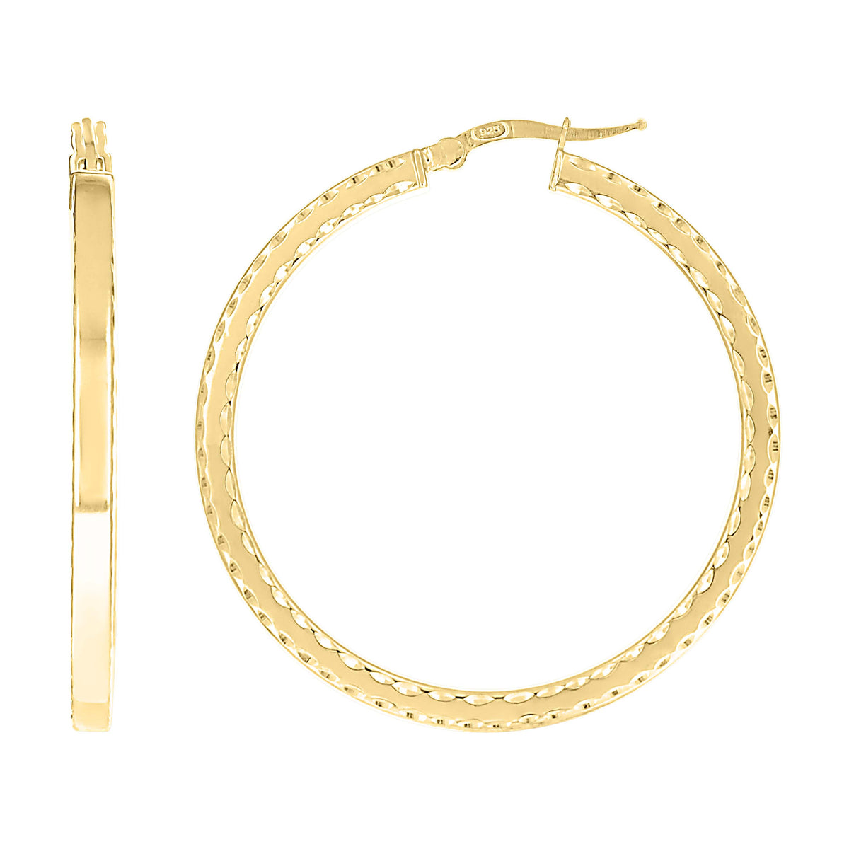 925 Sterling Silver Yellow-tone Womens Diamond-Cut Square Tube Hoop Earrings