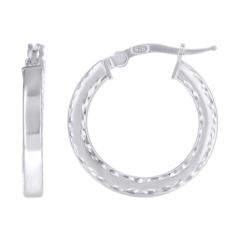 925 Sterling Silver Womens Diamond-Cut Square Tube Hoop Earrings