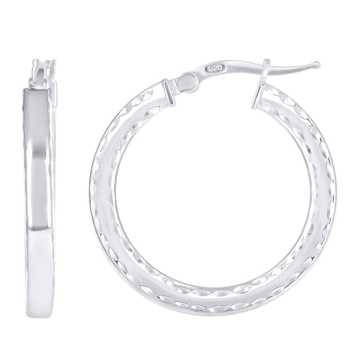 925 Sterling Silver Womens Diamond-Cut Square Tube Hoop Earrings