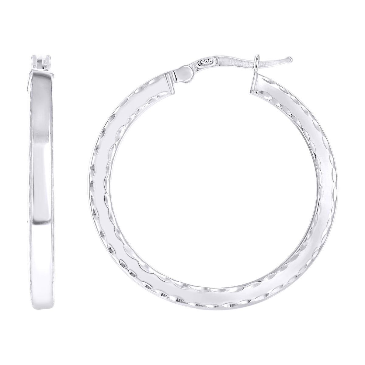 925 Sterling Silver Womens Diamond-Cut Square Tube Hoop Earrings