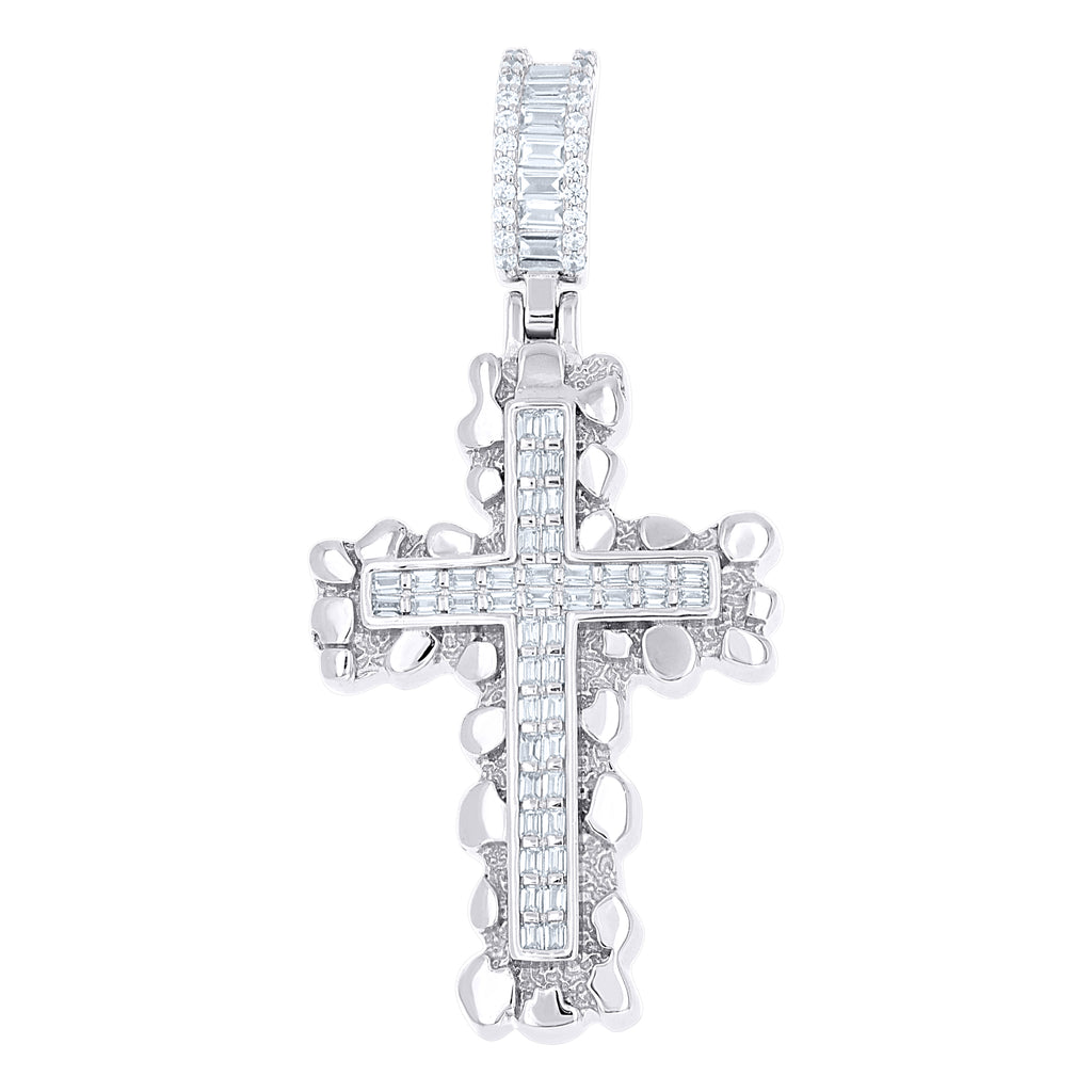 925 Sterling Silver Mens Baguette Round Cubic-Zirconia Nugget Cross Religious Charm Pendant