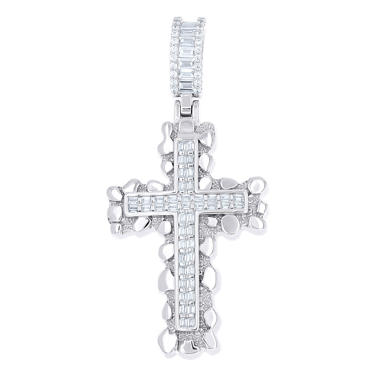 925 Sterling Silver Mens Baguette Round Cubic-Zirconia Nugget Cross Religious Charm Pendant