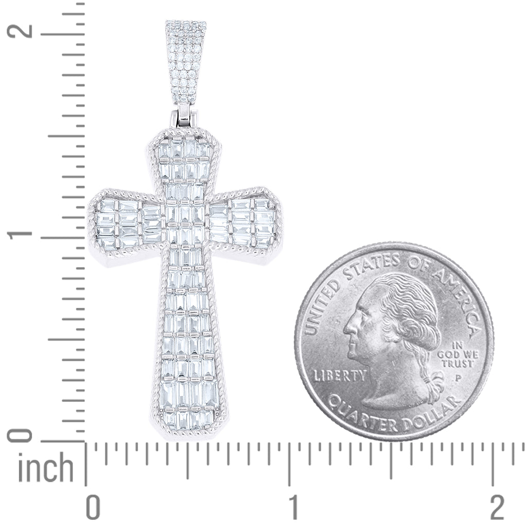 925 Sterling Silver Mens Baguette Round Cubic-Zirconia Cross Religious Charm Pendant