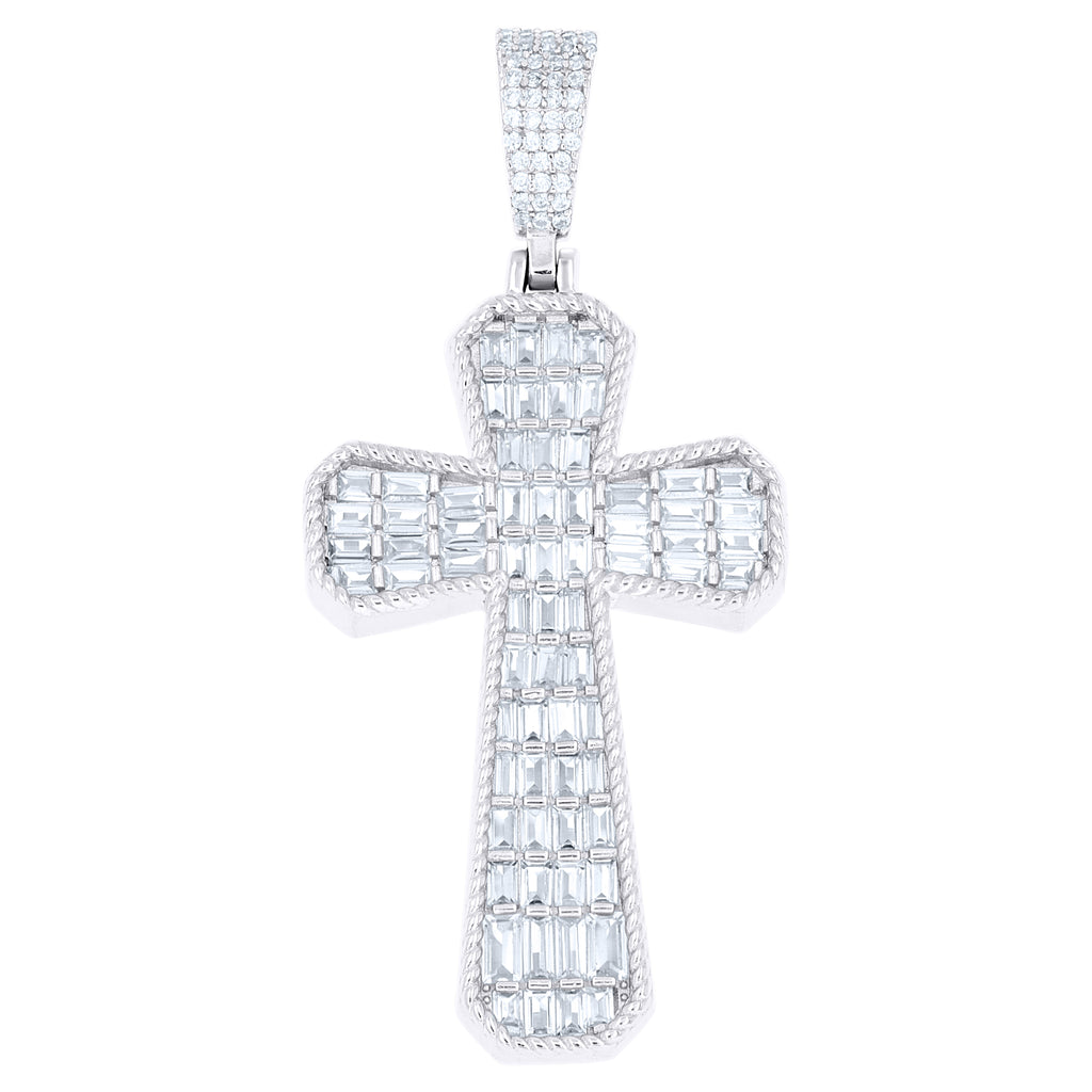 925 Sterling Silver Mens Baguette Round Cubic-Zirconia Cross Religious Charm Pendant