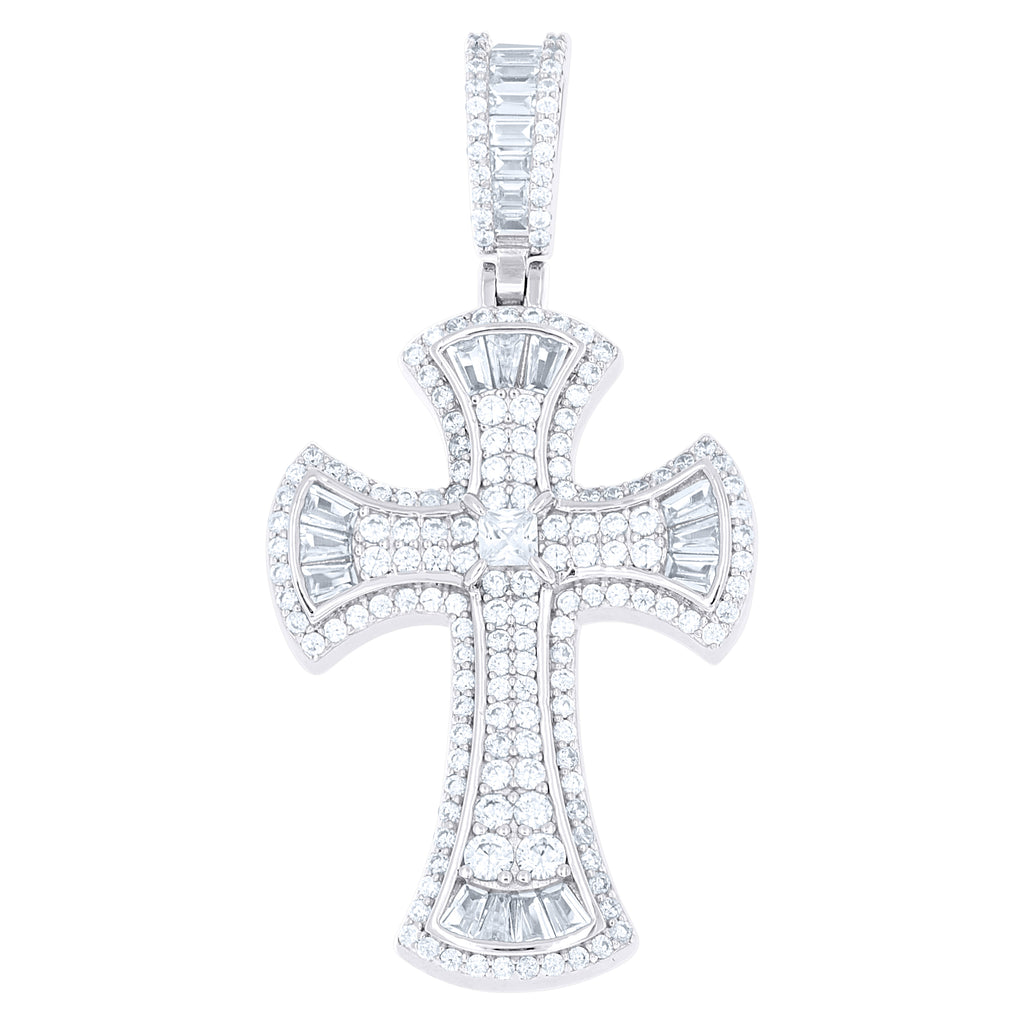 925 Sterling Silver Mens Baguette Round Cubic-Zirconia Cross Religious Charm Pendant
