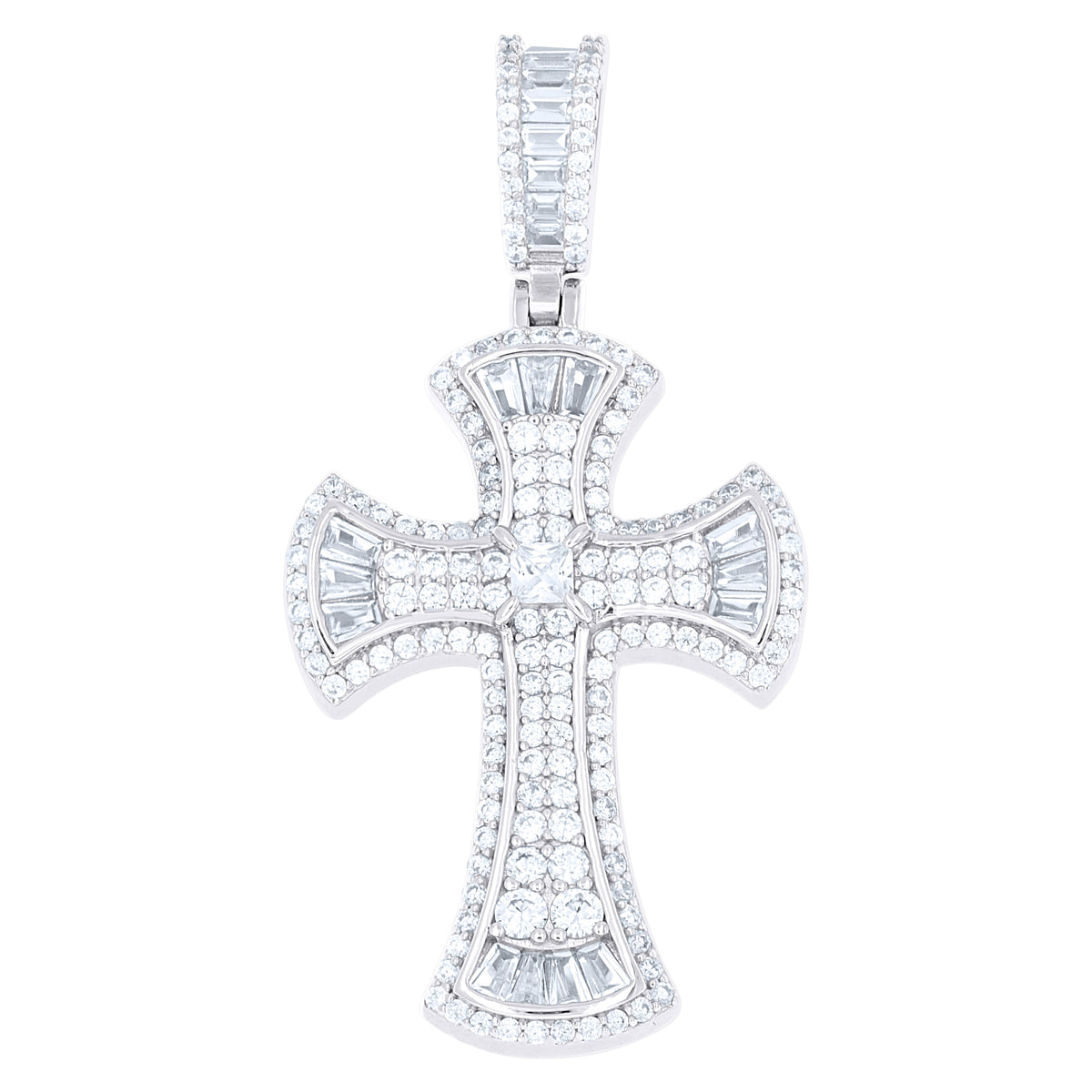925 Sterling Silver Mens Baguette Round Cubic-Zirconia Cross Religious Charm Pendant