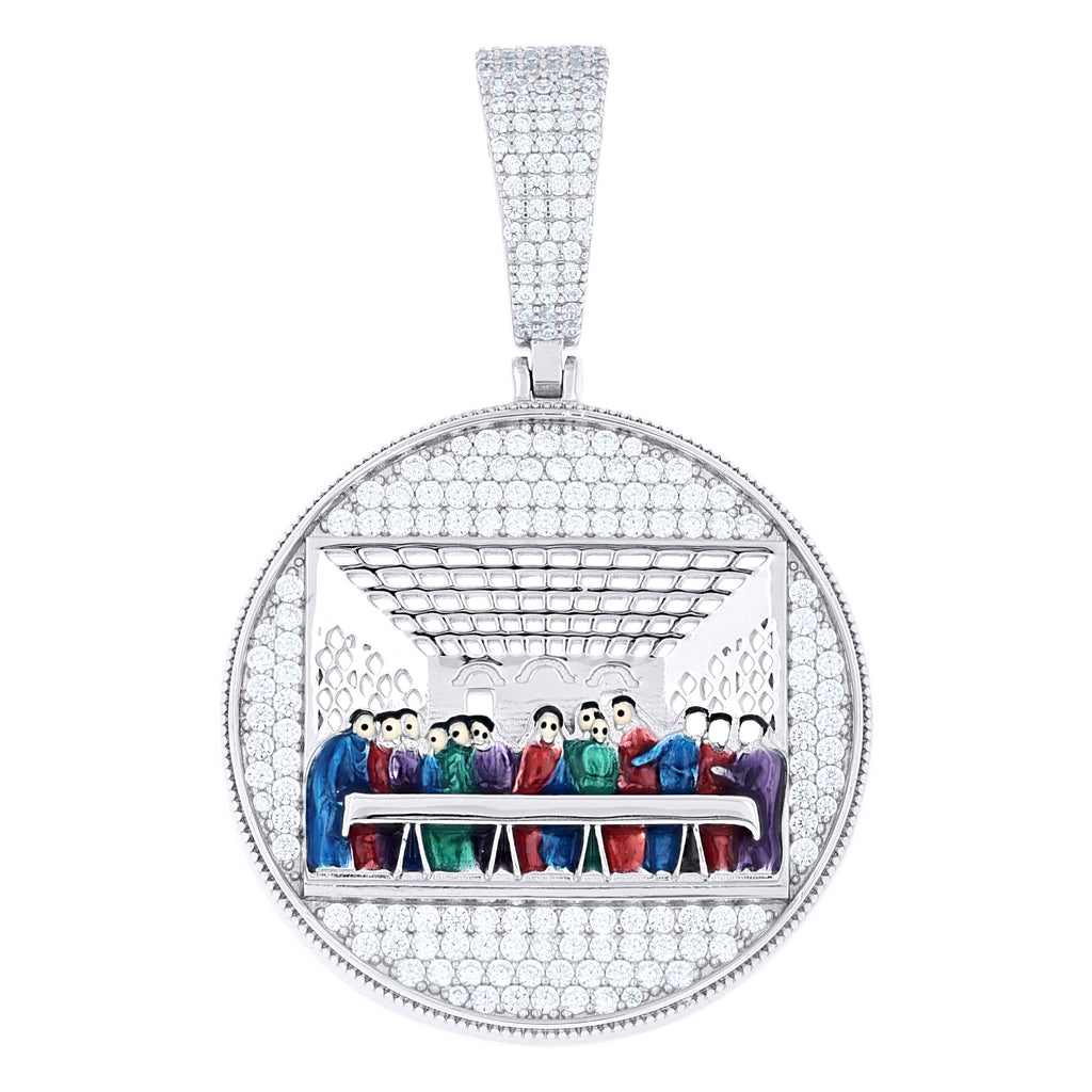 925 Sterling Silver Mens Cubic-Zirconia Enameled Last Supper Religious Charm Pendant
