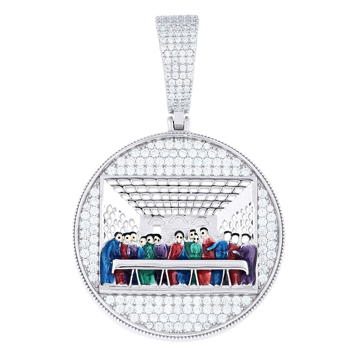 925 Sterling Silver Mens Cubic-Zirconia Enameled Last Supper Religious Charm Pendant