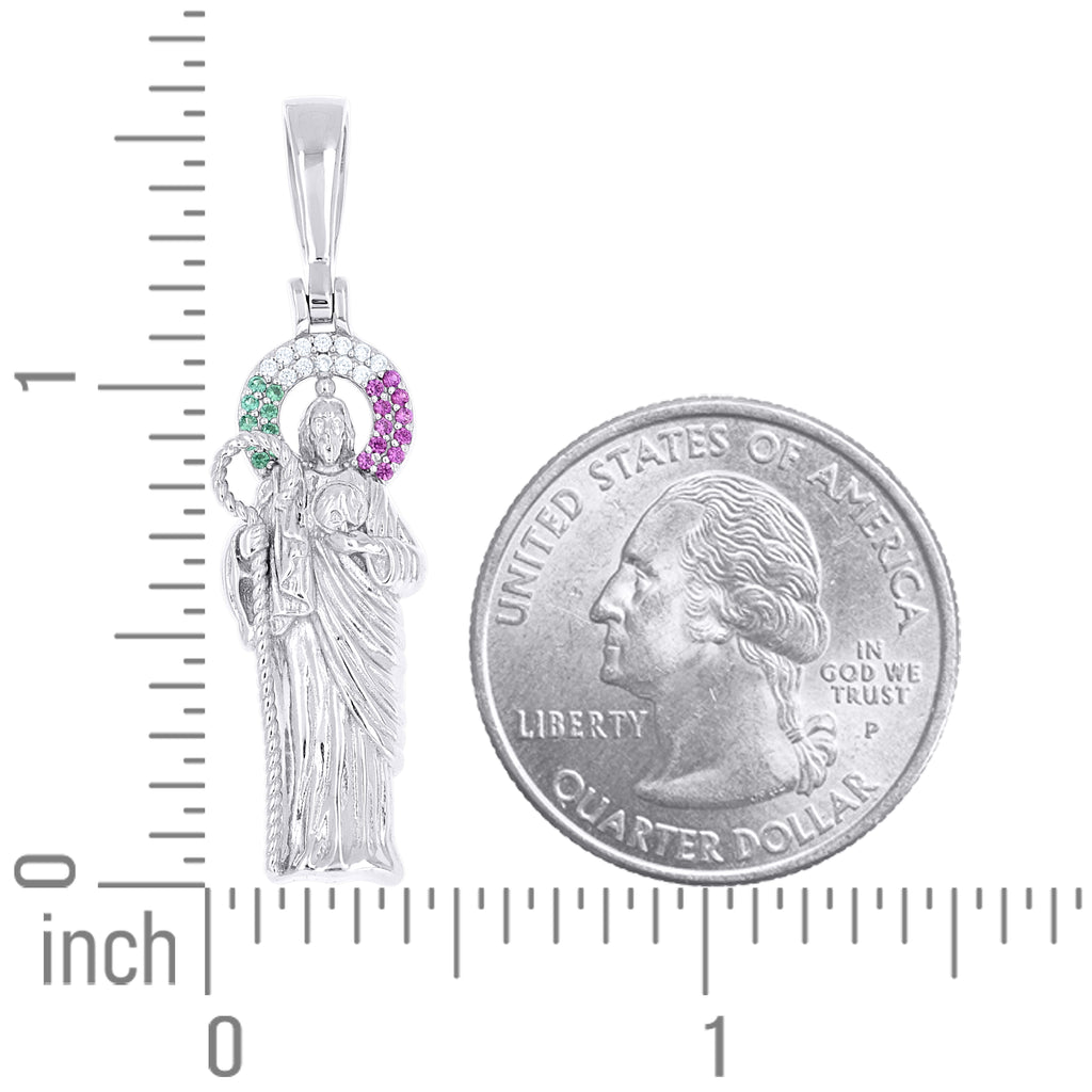925 Sterling Silver Mens Green/Purple White Cubic-Zirconia St. Jude Religious Charm Pendant