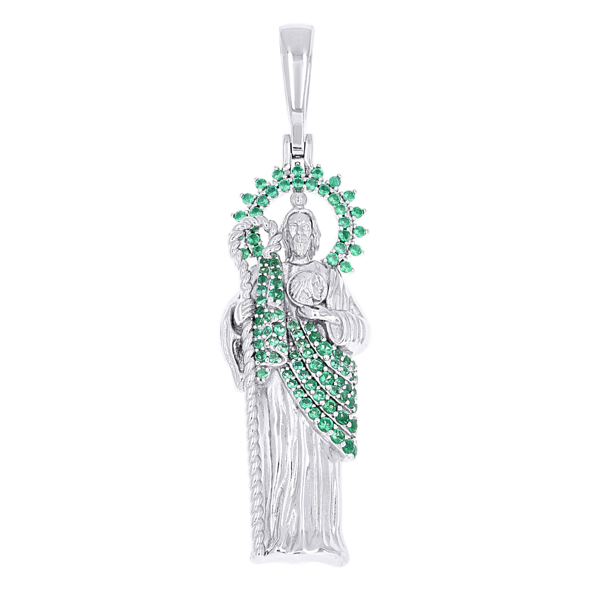 925 Sterling Silver Mens Green Cubic-Zirconia St. Jude Religious Charm Pendant