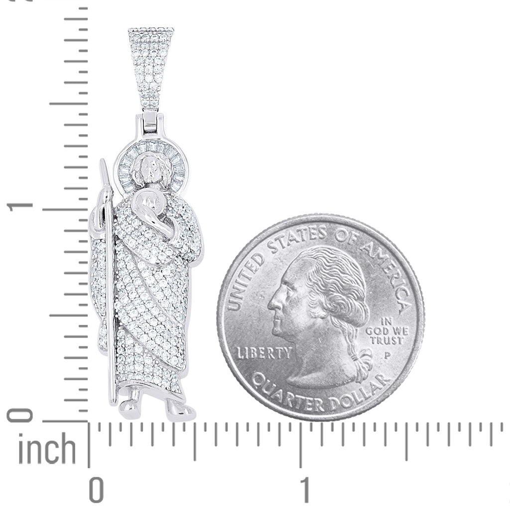 925 Sterling Silver Mens Baguette Round Cubic-Zirconia St. Jude Religious Charm Pendant