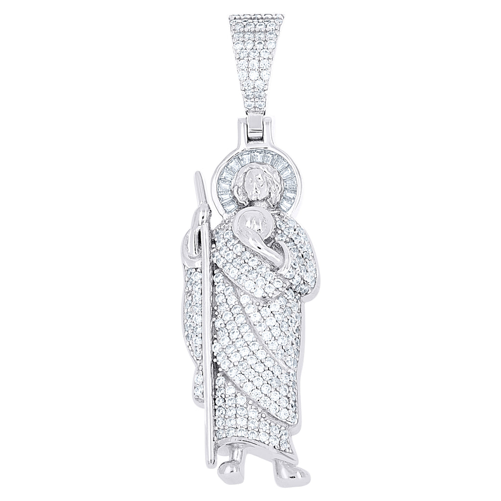 925 Sterling Silver Mens Baguette Round Cubic-Zirconia St. Jude Religious Charm Pendant