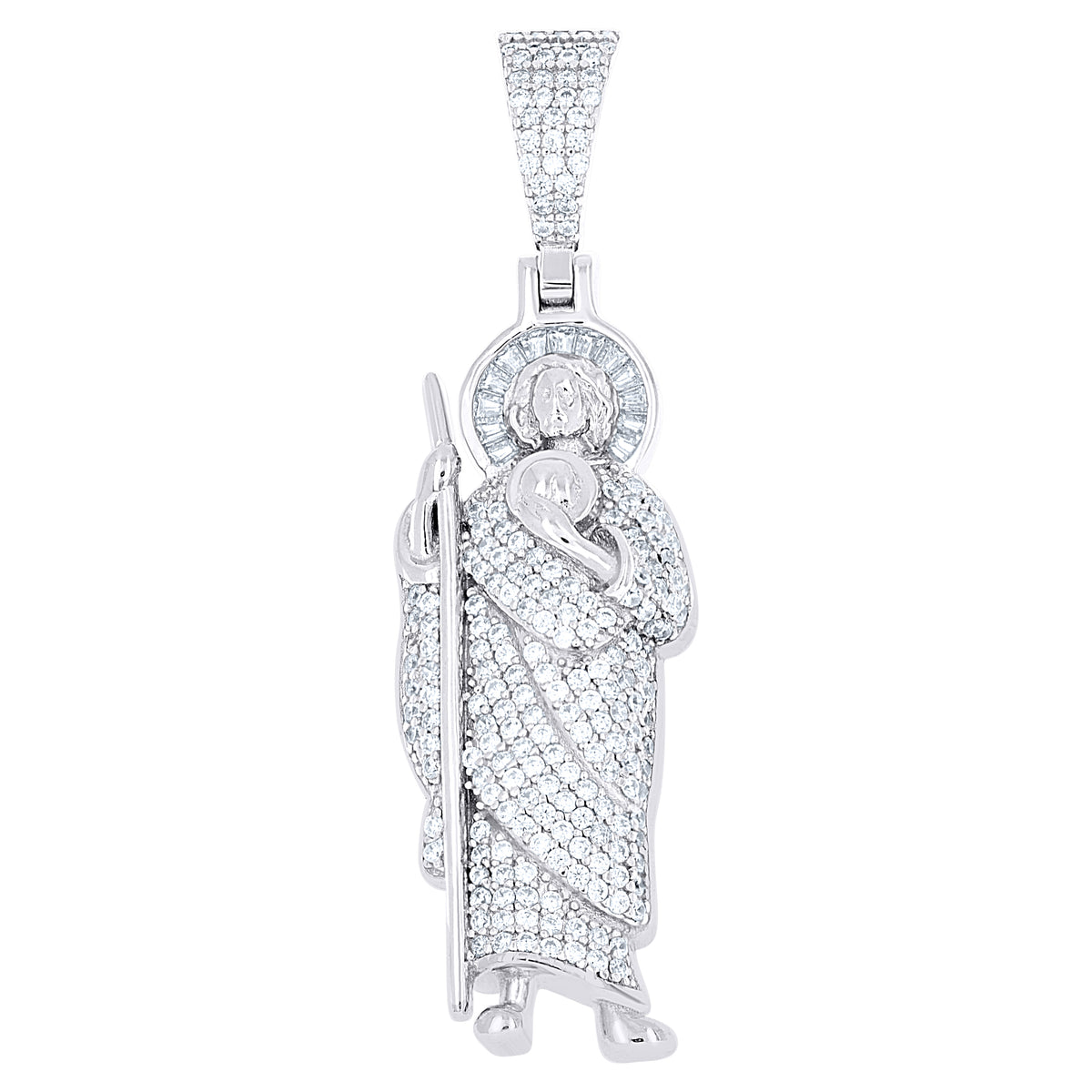 925 Sterling Silver Mens Baguette Round Cubic-Zirconia St. Jude Religious Charm Pendant