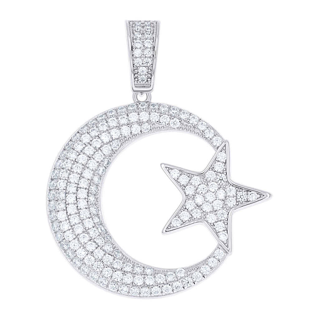 925 Sterling Silver Mens Cubic-Zirconia Crescent Moon Star Celestial Charm Pendant