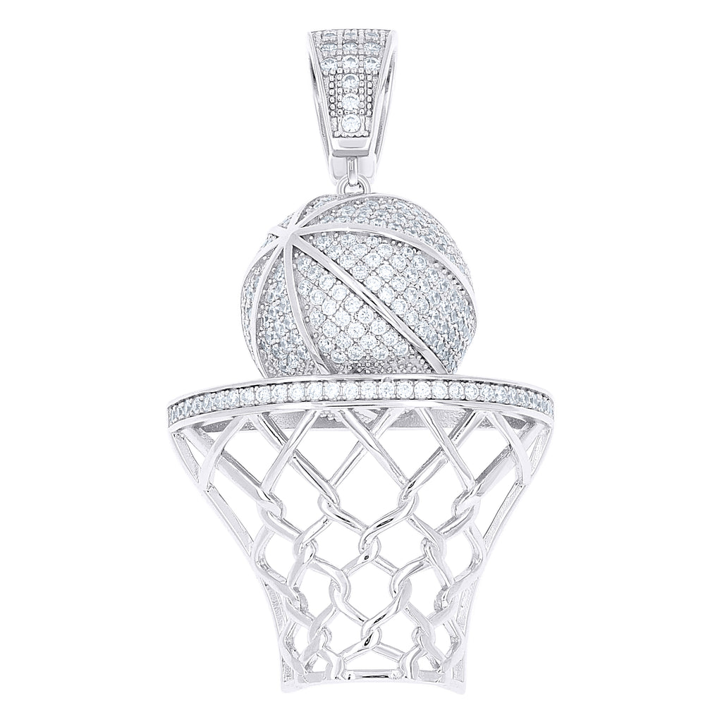 925 Sterling Silver Mens Cubic-Zirconia Basket Ball Sports Charm Pendant
