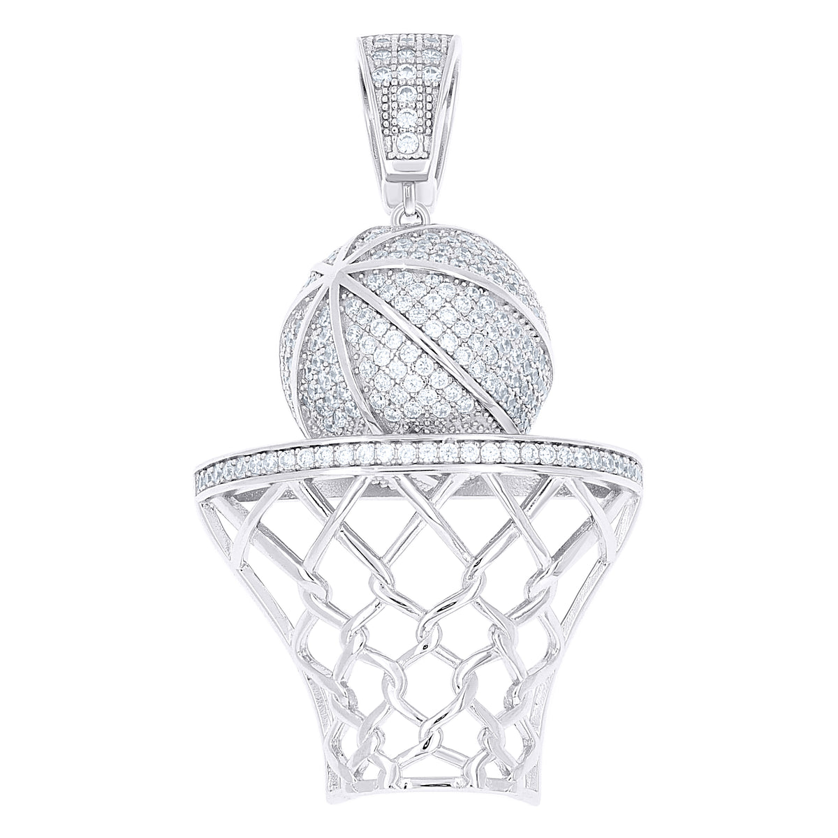 925 Sterling Silver Mens Cubic-Zirconia Basket Ball Sports Charm Pendant