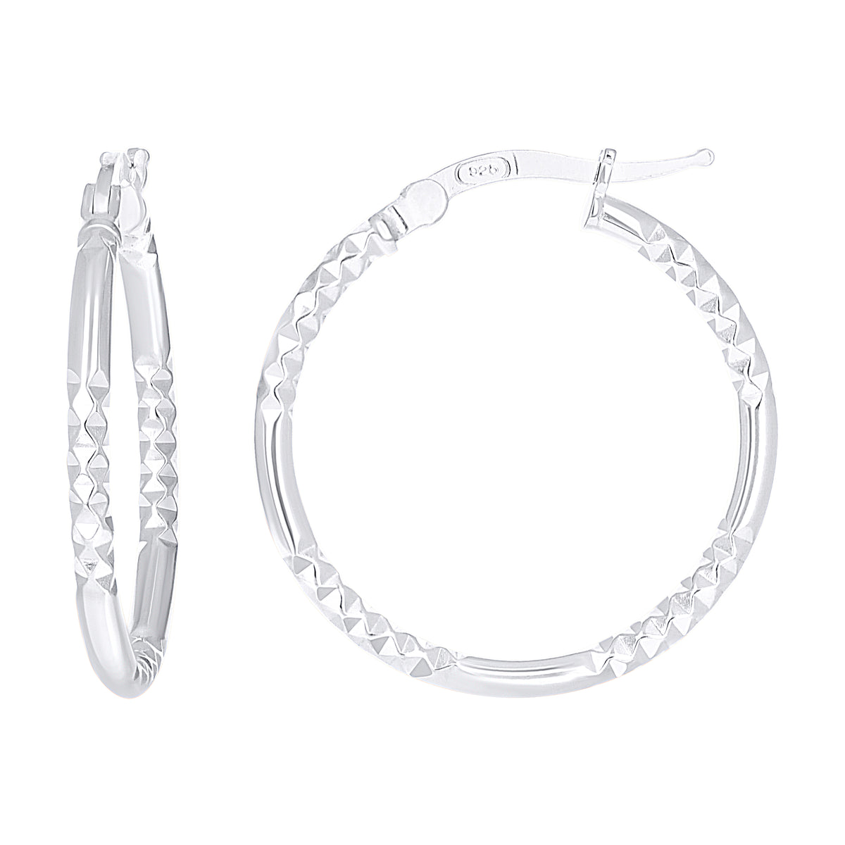 925 Sterling Silver Womens Diamond-Cut Patterned 2mm Round Tube Hoop Earrings