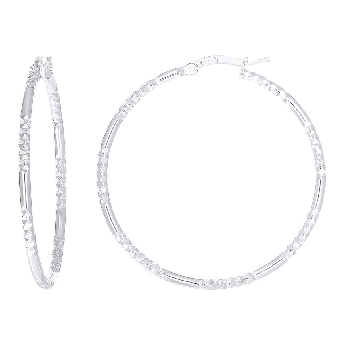 925 Sterling Silver Womens Diamond-Cut Patterned 2mm Round Tube Hoop Earrings