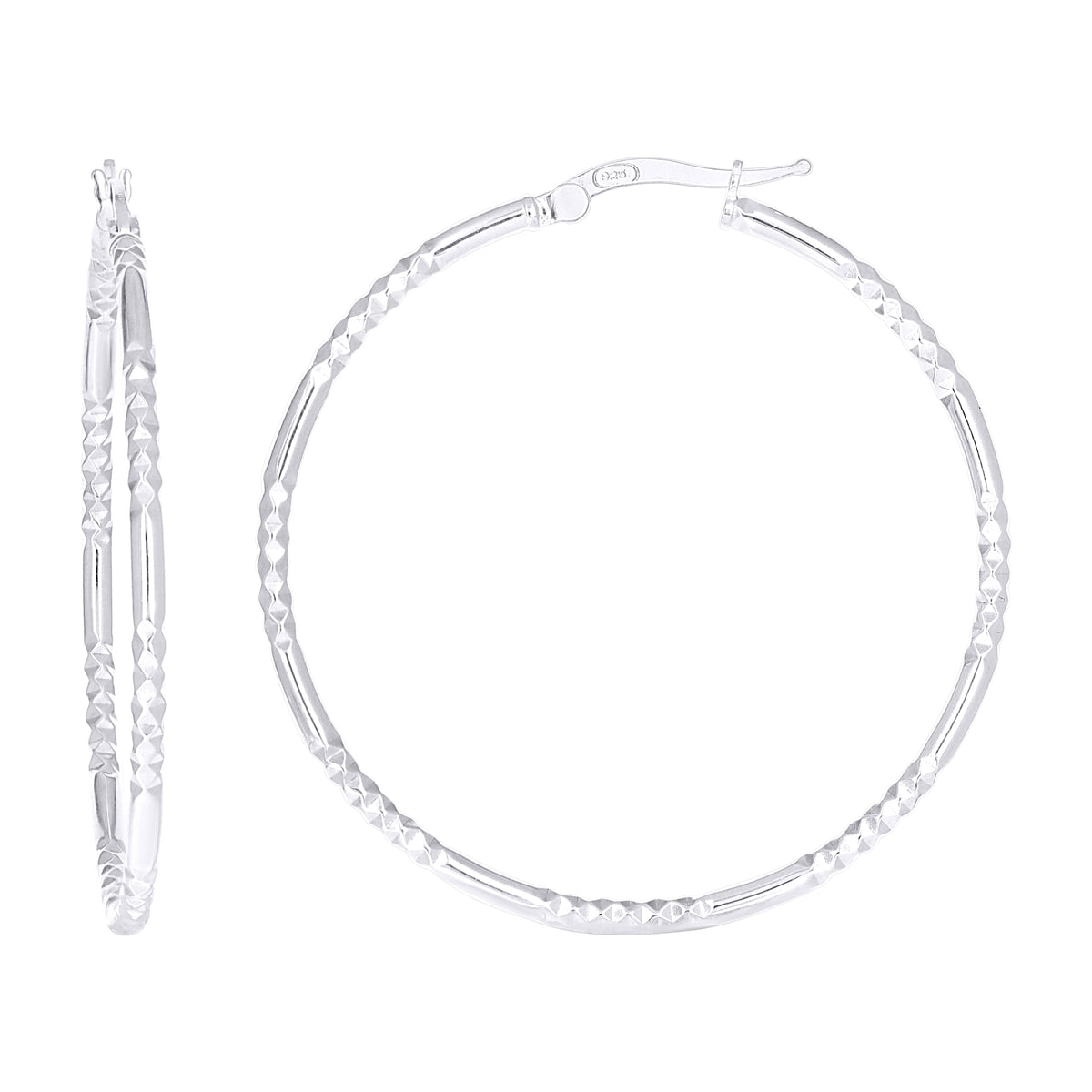 925 Sterling Silver Womens Diamond-Cut Patterned 2mm Round Tube Hoop Earrings