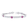 925 Sterling Silver Womens Purple White Cubic-Zirconia Flower Tennis Bracelet 7 Inches