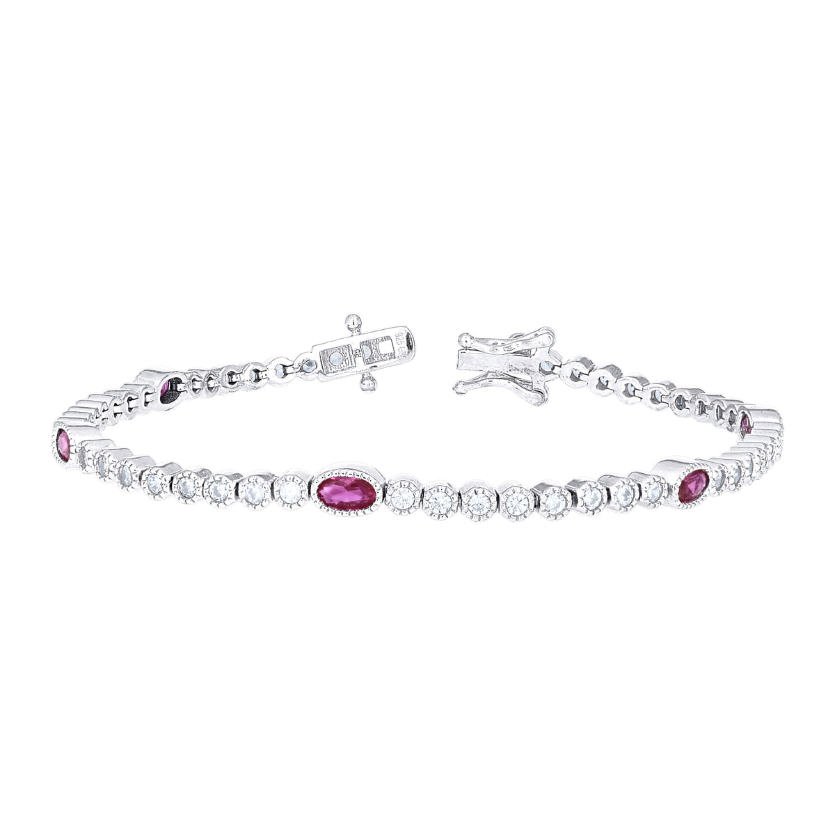925 Sterling Silver Womens Oval Round Purple White Cubic-Zirconia Tennis Bracelet 7 Inches