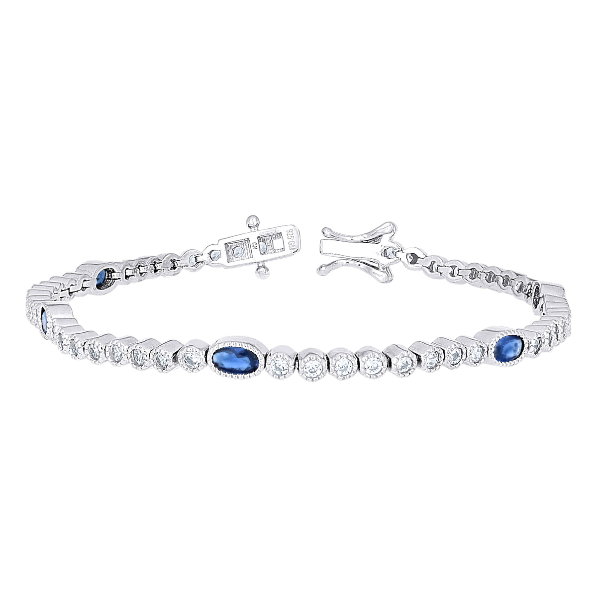 925 Sterling Silver Womens Oval Round Blue White Cubic-Zirconia Tennis Bracelet 7 Inches