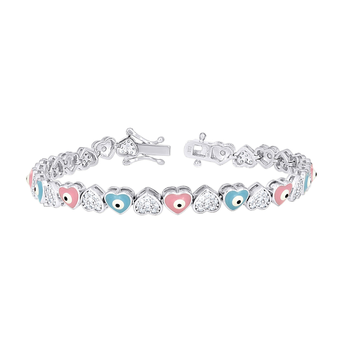 925 Sterling Silver Womens Cubic-Zirconia Enameled Evil Eye Hearts Fashion Link Bracelet 7 Inches