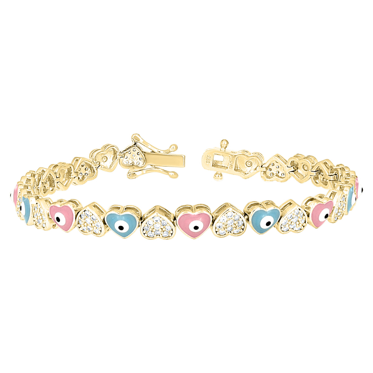 925 Sterling Silver Yellow-tone Womens Cubic-Zirconia Enameled Evil Eye Hearts Bracelet 7 Inches