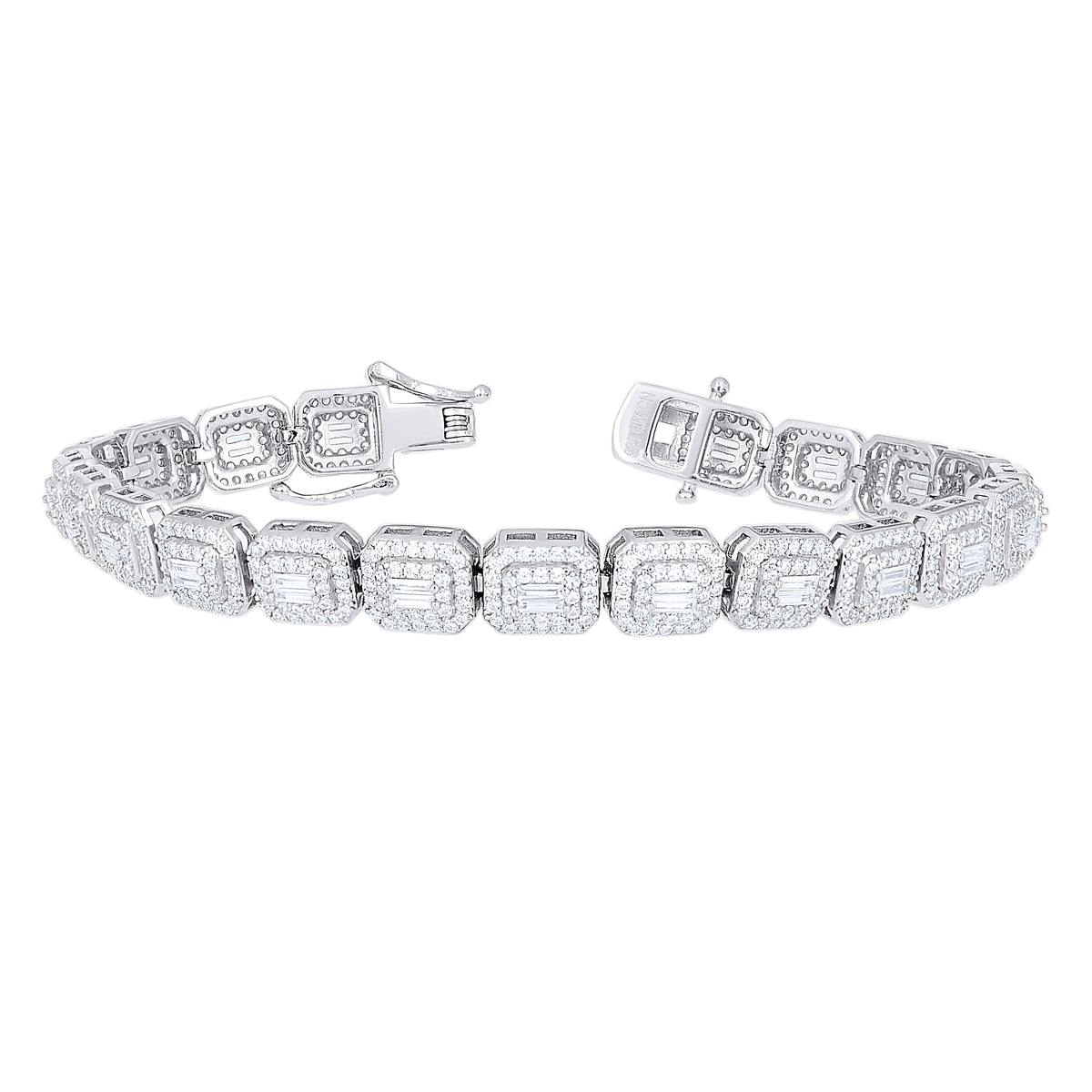 925 Sterling Silver Womens Baguette Round Cubic-Zirconia Fashion Link Bracelet 7 Inches