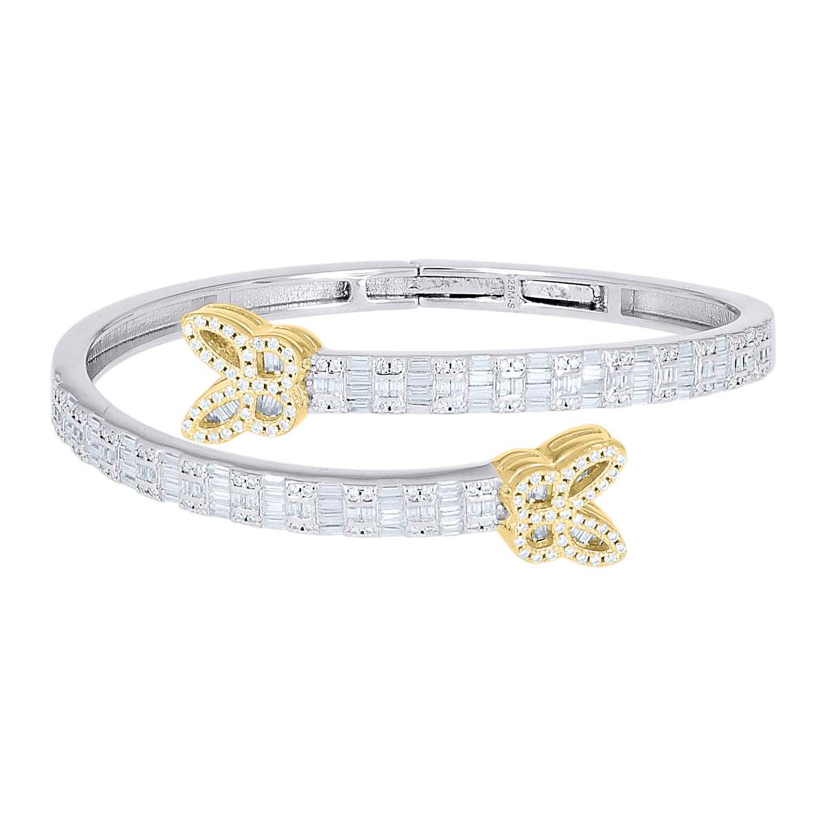 925 Sterling Silver Yellow-Tone Womens Baguette Round Moissanite Butterfly Fashion Bangle