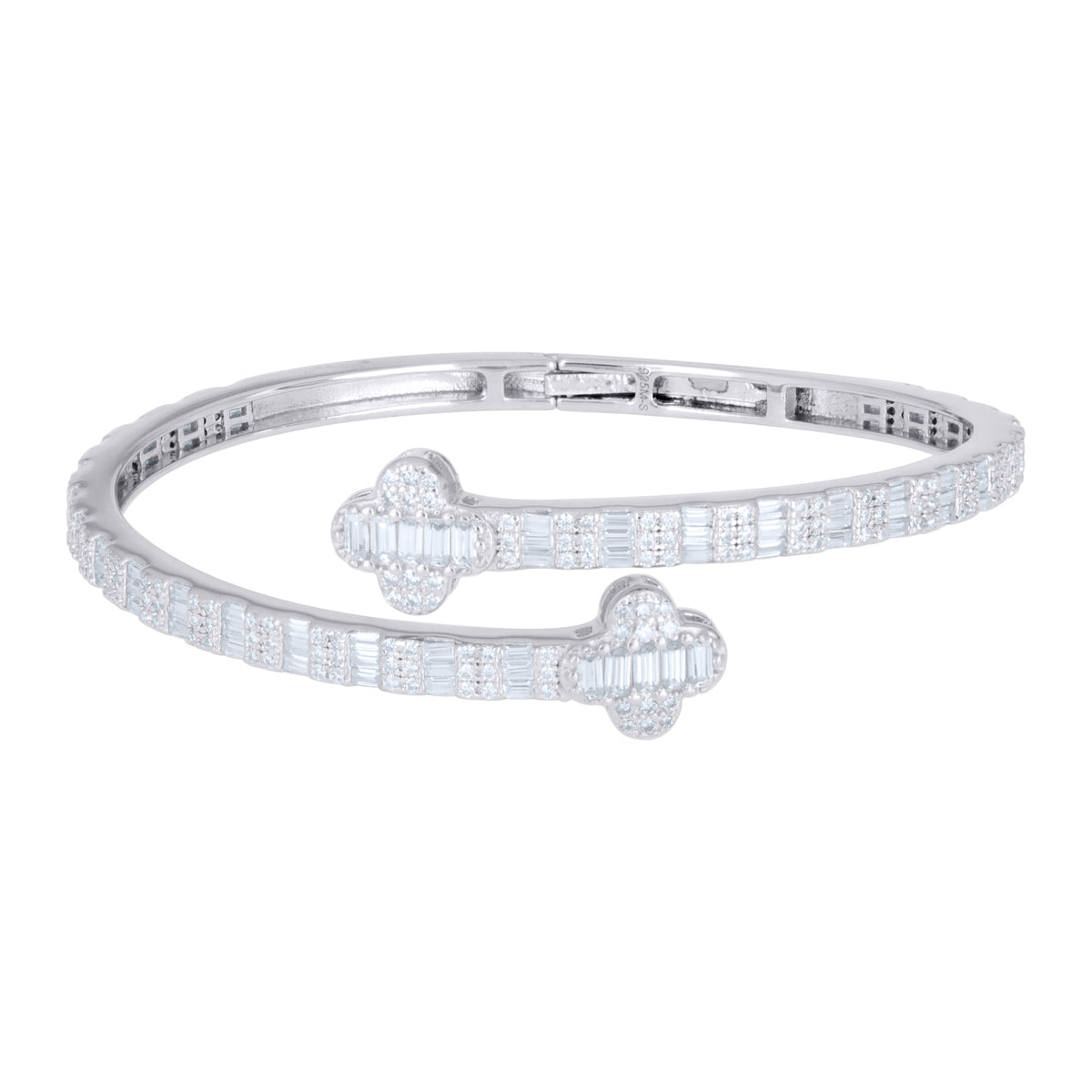 925 Sterling Silver Womens Baguette Round Moissanite Clover Good Luck Bangle