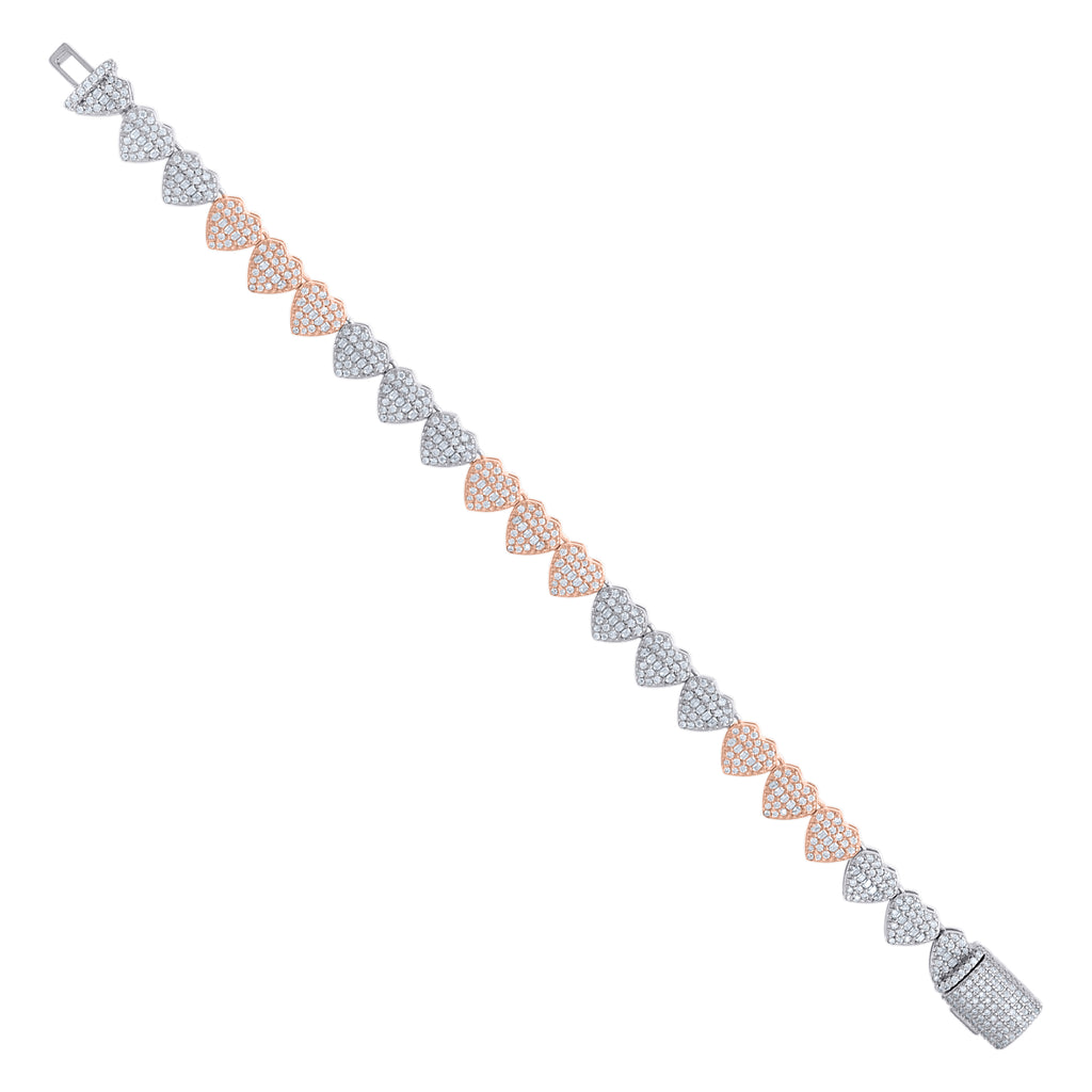 925 Sterling Silver Rose-Tone Womens Baguette Round Moissanite Heart Link Bracelet 8 Inches