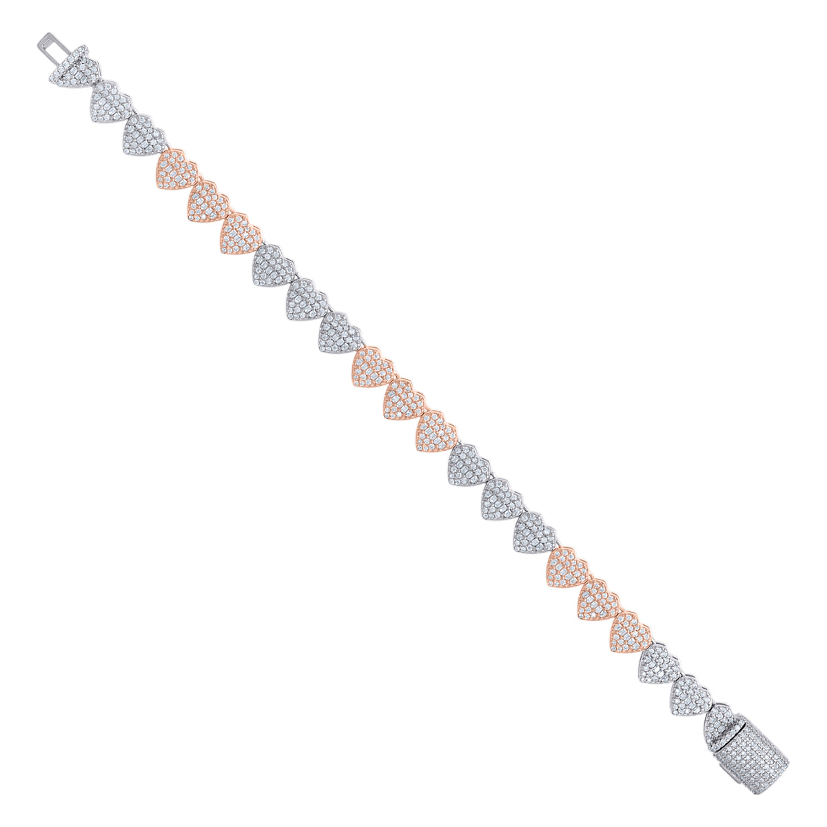 925 Sterling Silver Rose-Tone Womens Baguette Round Moissanite Heart Link Bracelet 8 Inches
