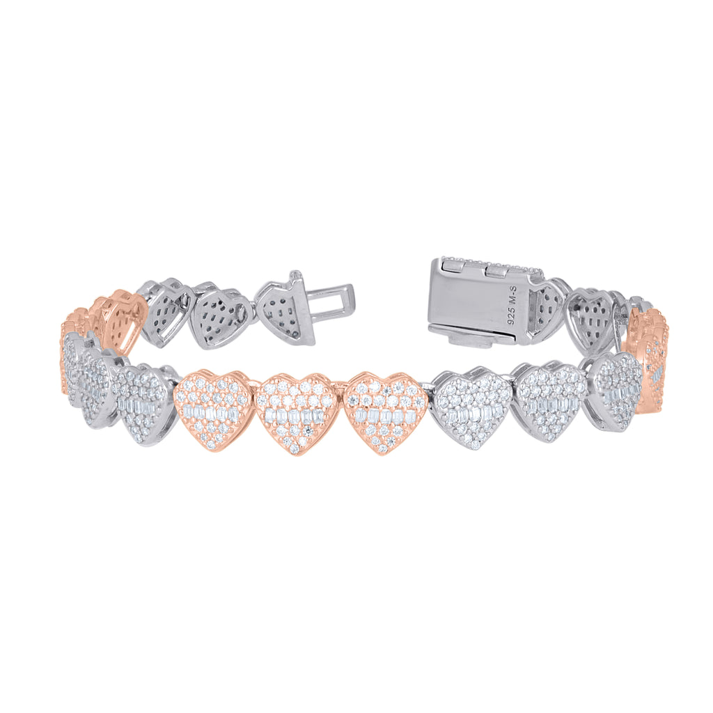 925 Sterling Silver Rose-Tone Womens Baguette Round Moissanite Heart Link Bracelet 8 Inches