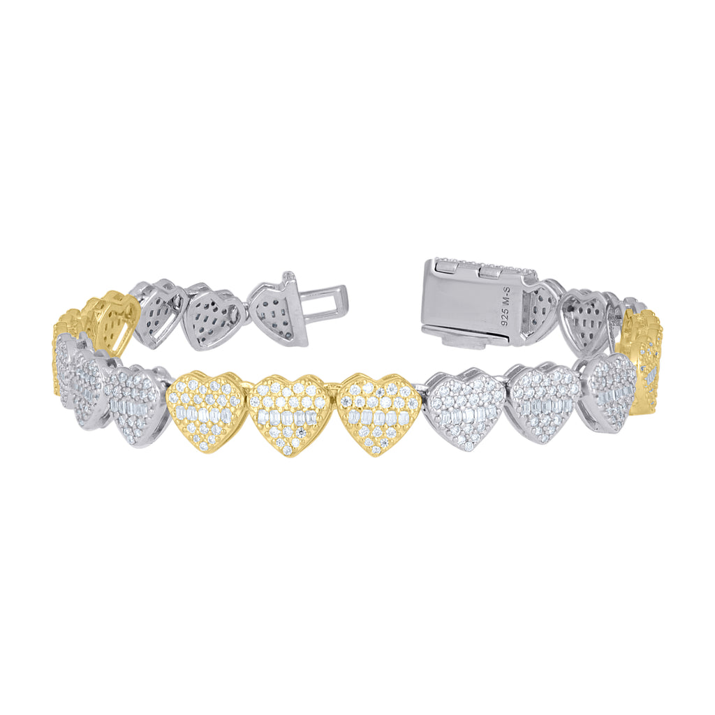 925 Sterling Silver Yellow-Tone Womens Baguette Round Moissanite Heart Link Bracelet 8 Inches