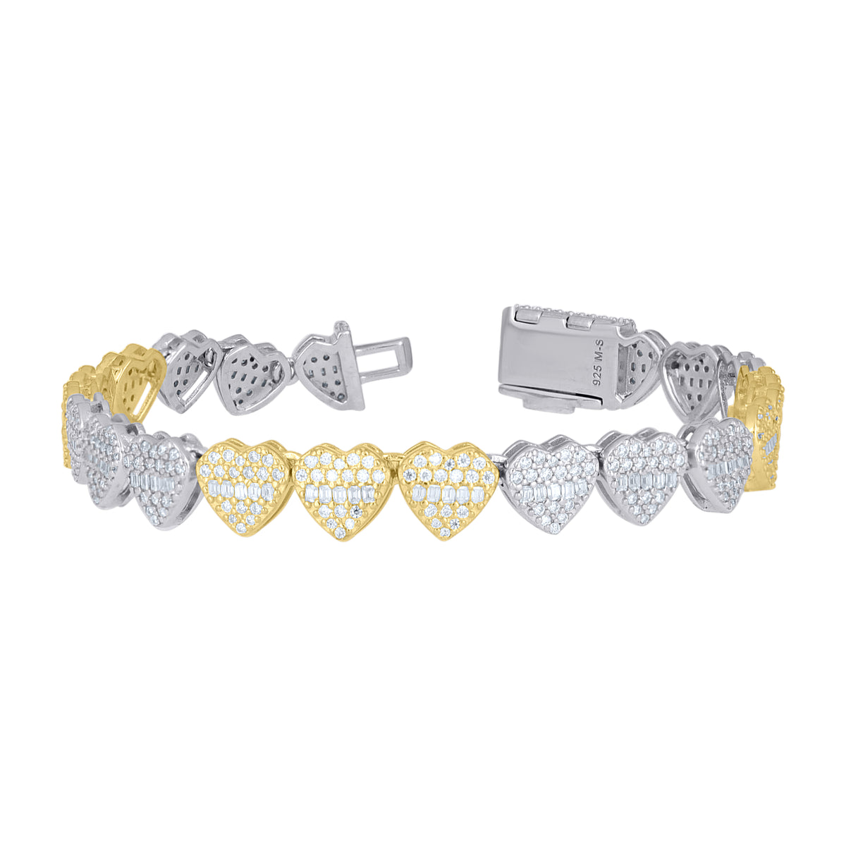 925 Sterling Silver Yellow-Tone Womens Baguette Round Moissanite Heart Link Bracelet 8 Inches