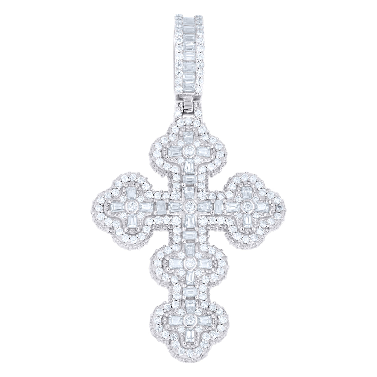 925 Sterling Silver Mens Baguette Round Moissanite Cross Religious Pendant