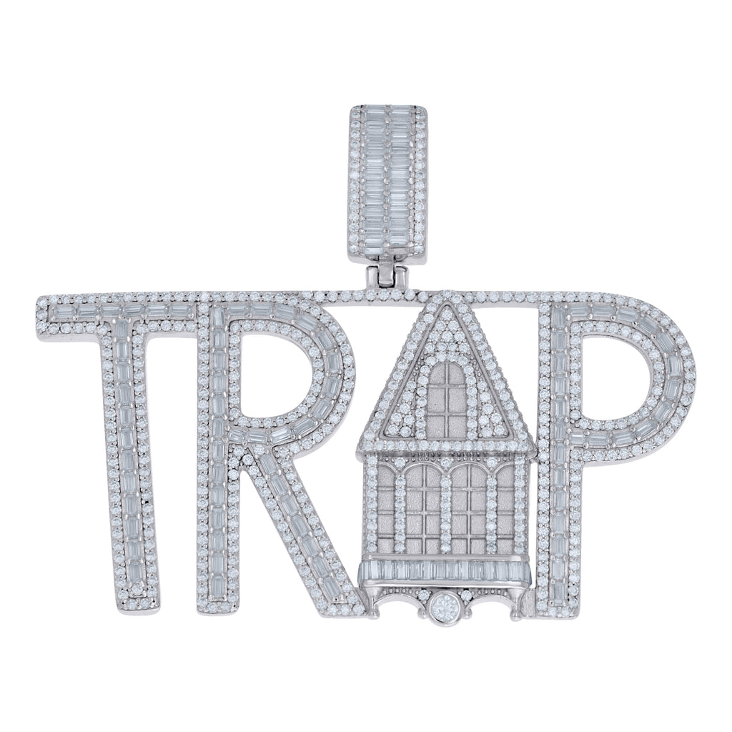 925 Sterling Silver Mens Baguette Round Moissanite Trap House Fashion Pendant