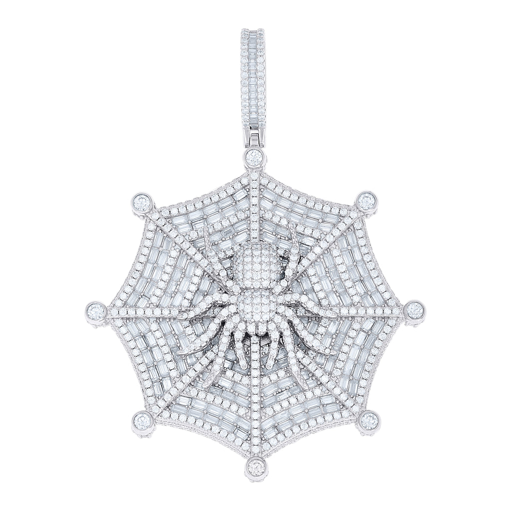 925 Sterling Silver Mens Baguette Round Moissanite Spider Insect Wildlife Pendant