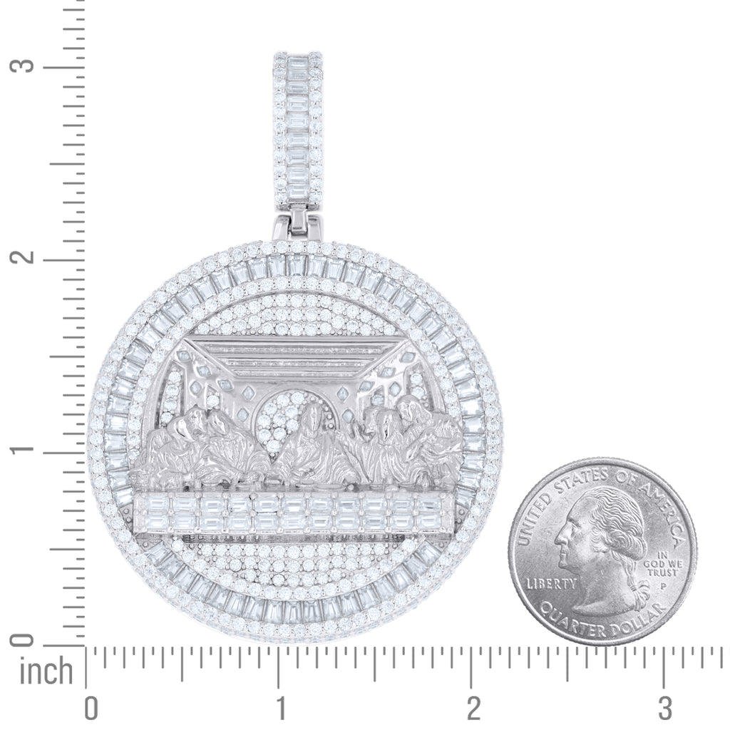 925 Sterling Silver Unisex Baguette Lozenge-Cut Round Moissanite Last Supper Religious Pendant