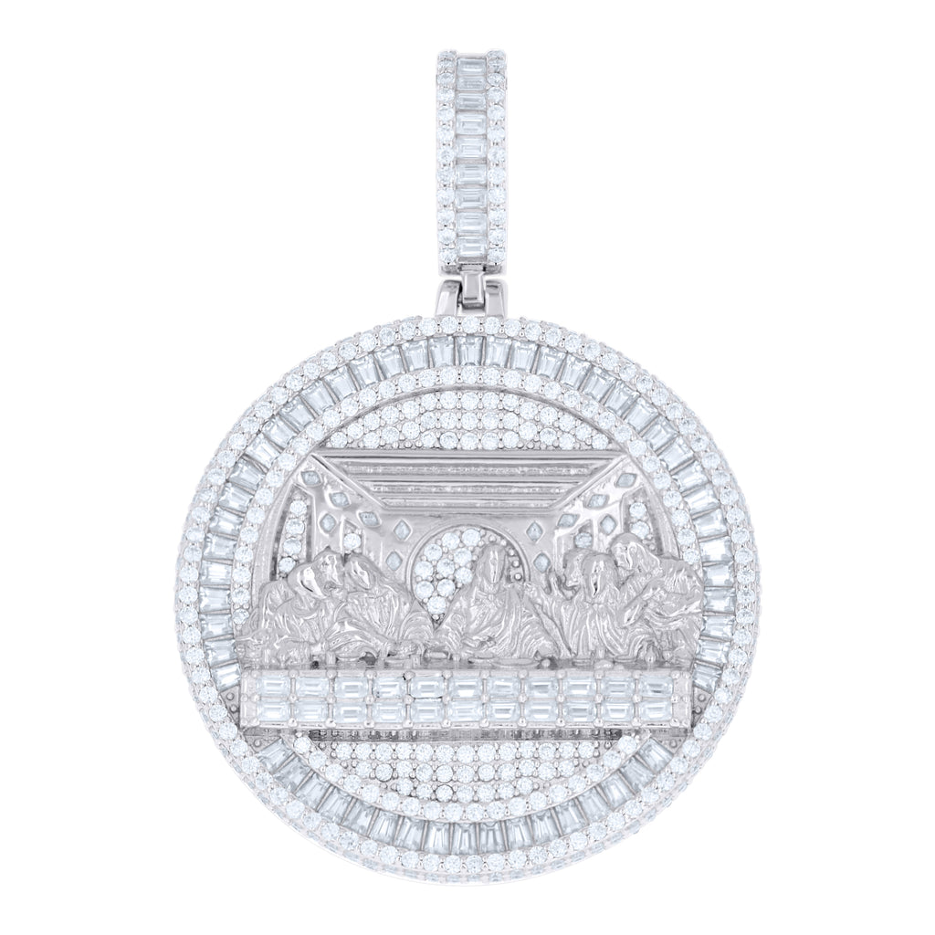 925 Sterling Silver Unisex Baguette Lozenge-Cut Round Moissanite Last Supper Religious Pendant