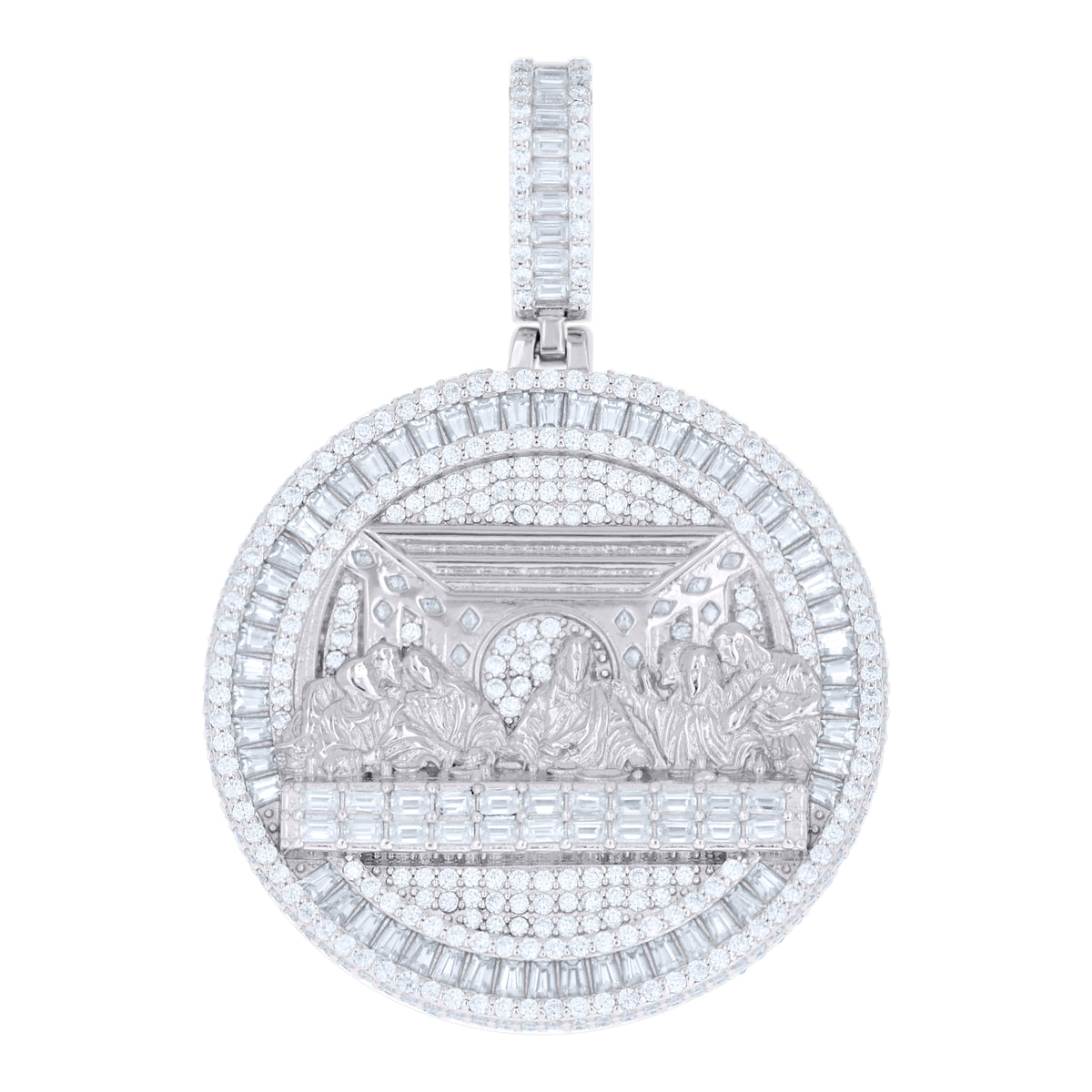 925 Sterling Silver Unisex Baguette Lozenge-Cut Round Moissanite Last Supper Religious Pendant