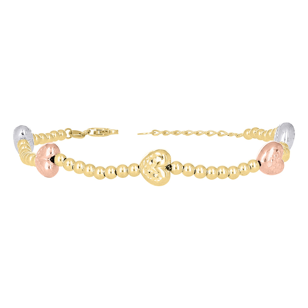 10K Tri-Color Gold Womens Heart Charm Bracelet Size 8 Inches