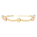 10K Tri-Color Gold Womens Heart Charm Bracelet Size 8 Inches