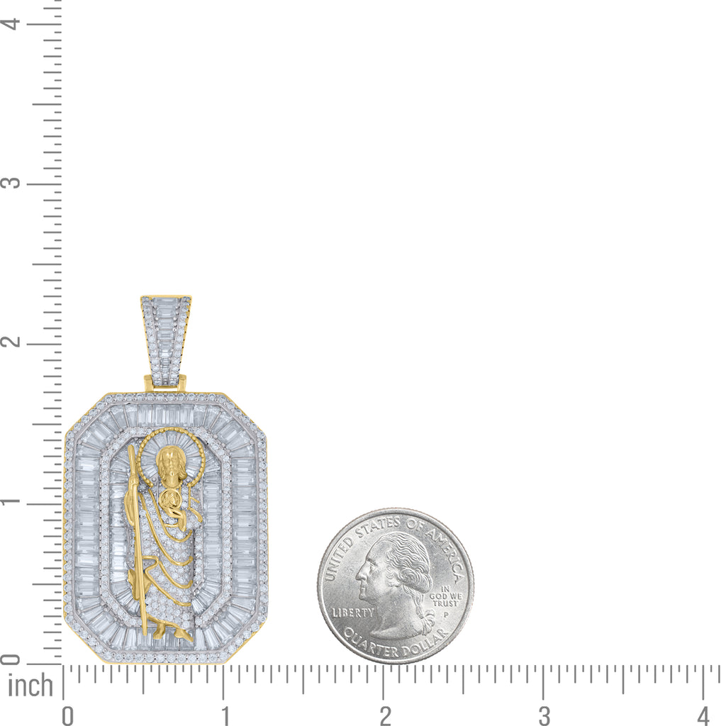 925 Sterling Silver Yellow-tone Mens Round Baguette Moissanite St. Jude Religious Pendant