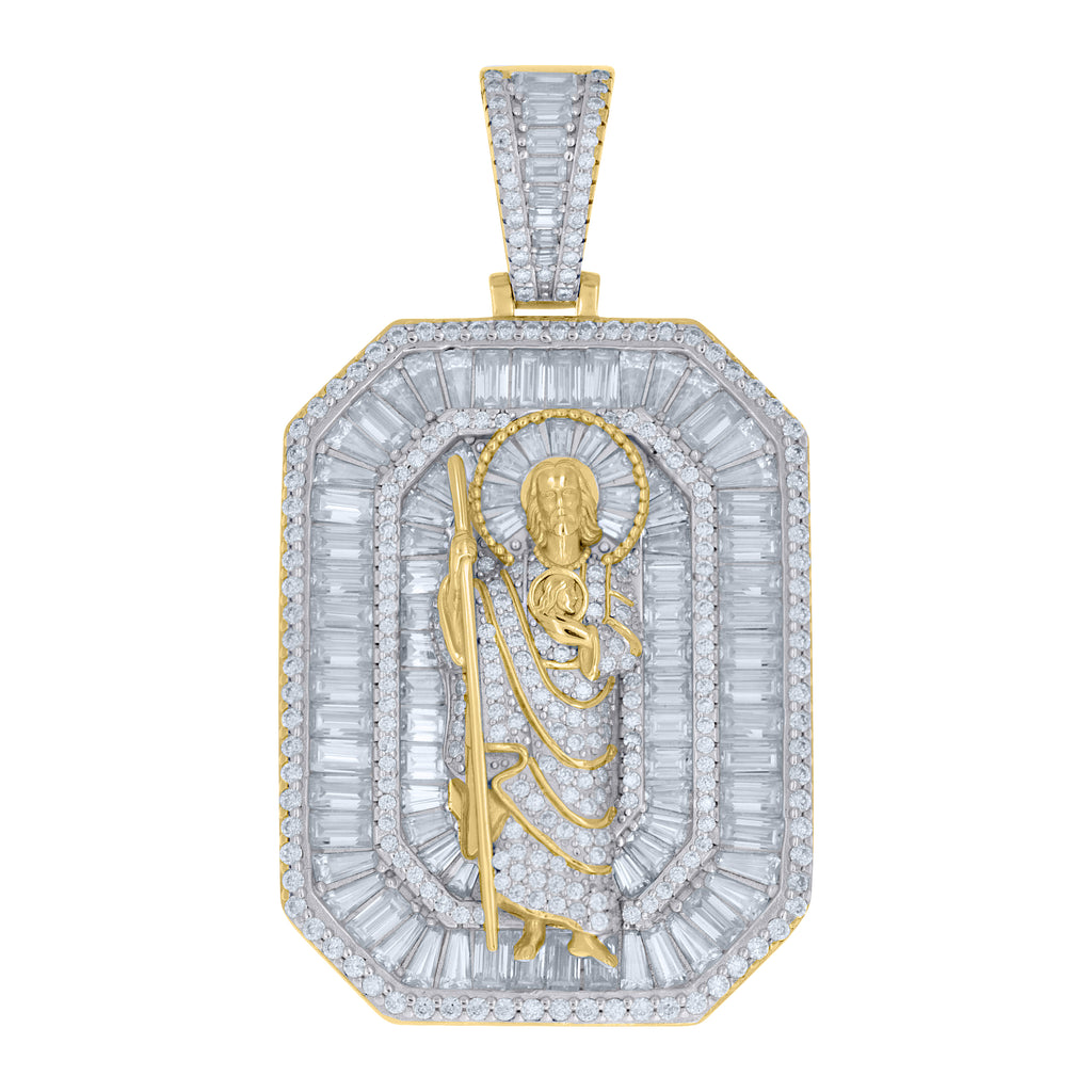 925 Sterling Silver Yellow-tone Mens Round Baguette Moissanite St. Jude Religious Pendant