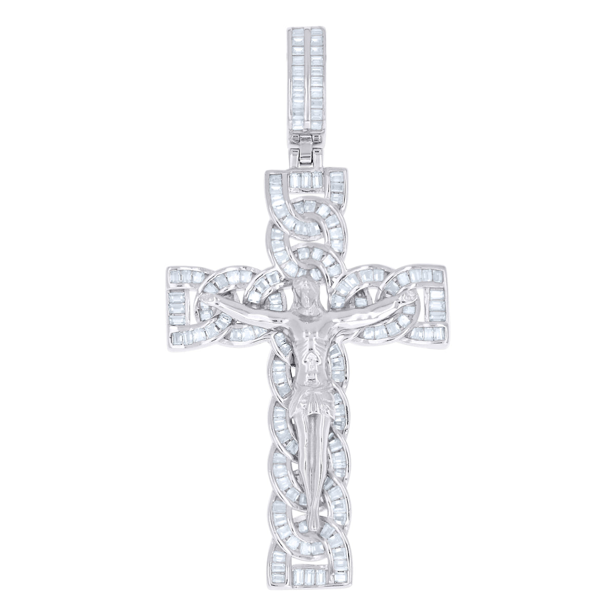 925 Sterling Silver Mens Baguette Moissanite Crucifix Cross Religious Pendant
